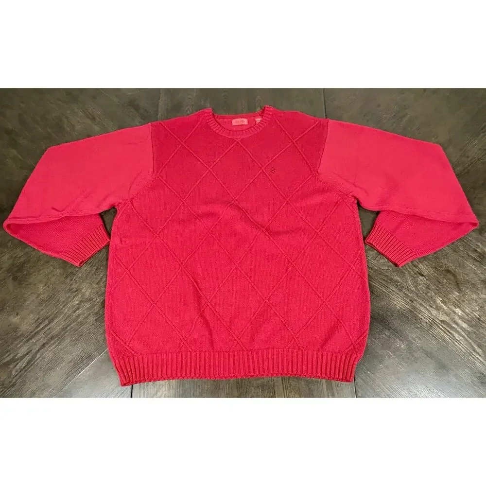 Vintage IZOD Cotton Sweater Men's Large Solid Red Diamond Pattern Christmas - Picture 2 of 11